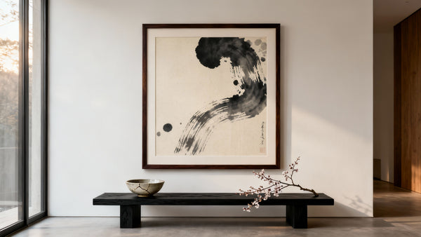 Framed Japanese art piece mockup showcasing traditional and contemporary styles in a stylish interior setting.