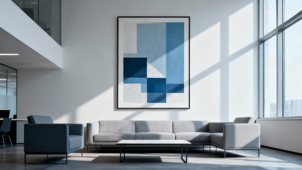 Framed corporate artwork mockup enhancing office space and brand identity, showcasing professional design.