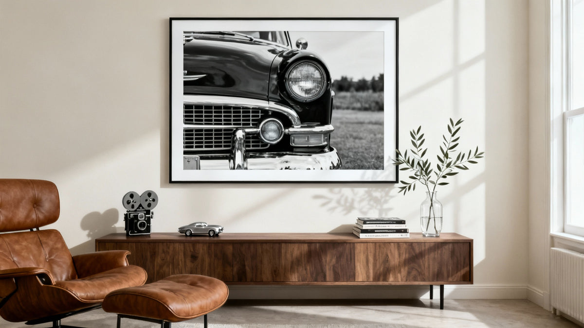 Framed wall art mockup featuring a vintage car in black and white, showcasing timeless elegance in automotive art.