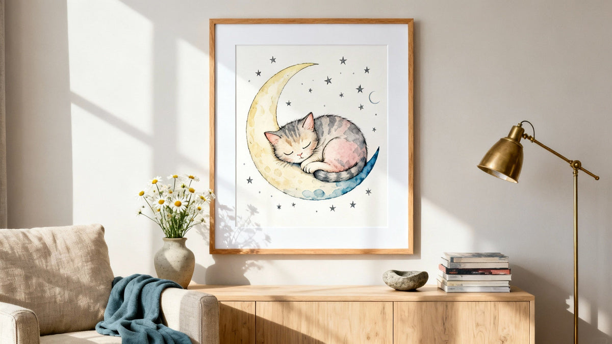 Framed cute cat art mockup featuring adorable feline illustrations for home decor inspiration.
