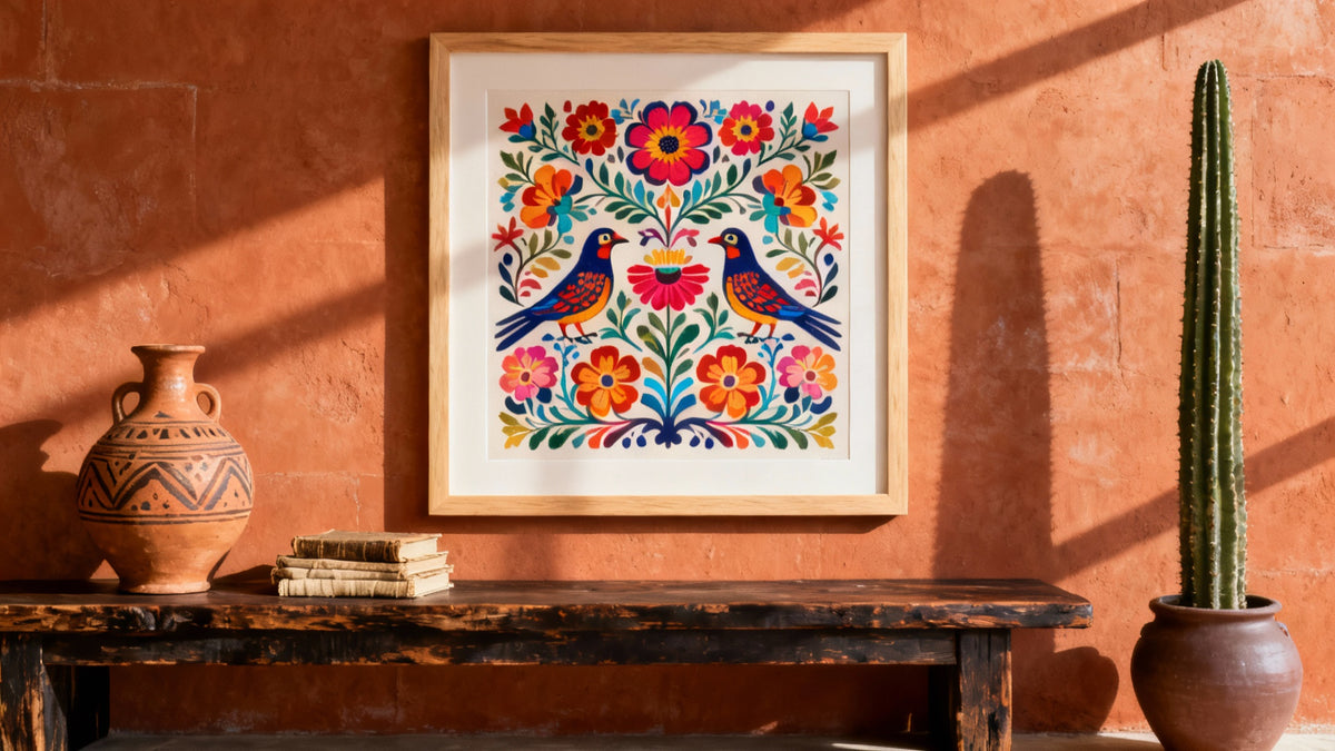 Framed wall art mockup showcasing vibrant Mexican folk art, highlighting traditional crafts and regional styles.