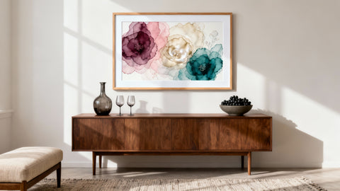 Framed alcohol artwork mockup showcasing vibrant designs to enhance wall elegance.