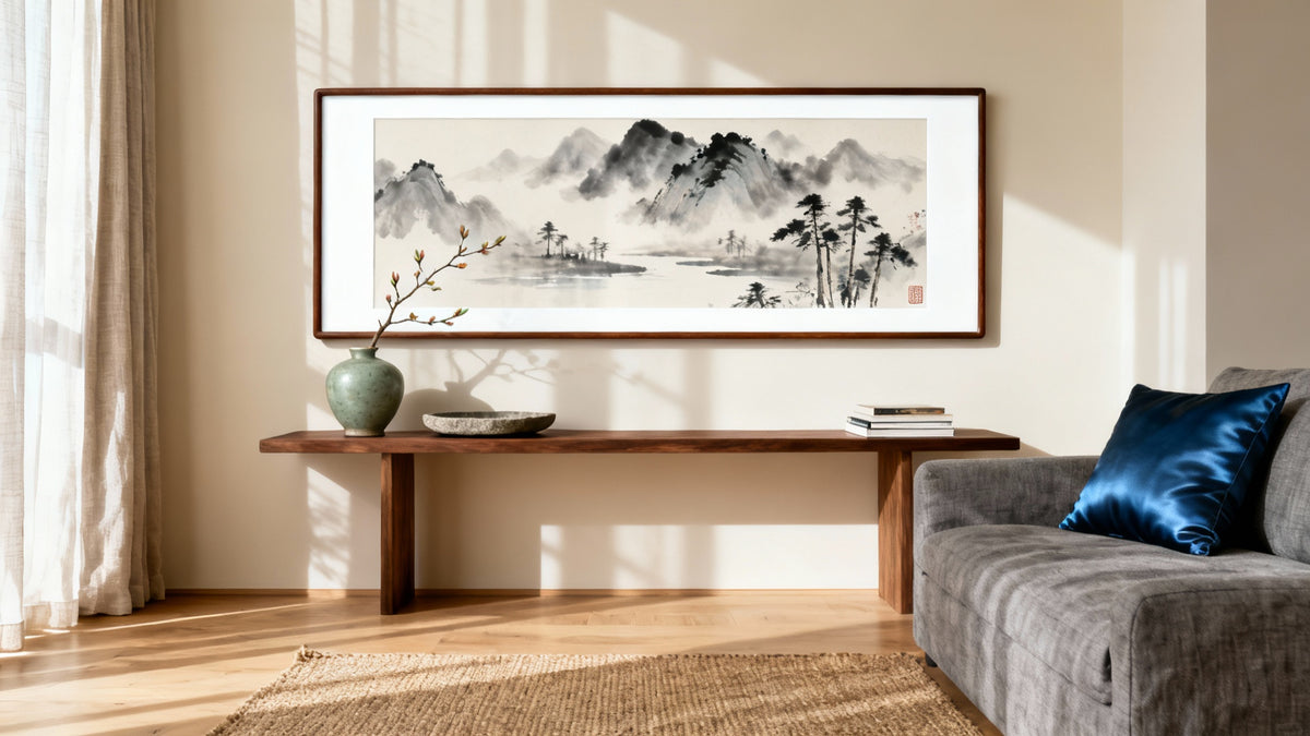 Framed wall art mockup showcasing vibrant Asian artworks, highlighting cultural richness and diverse artistic styles.