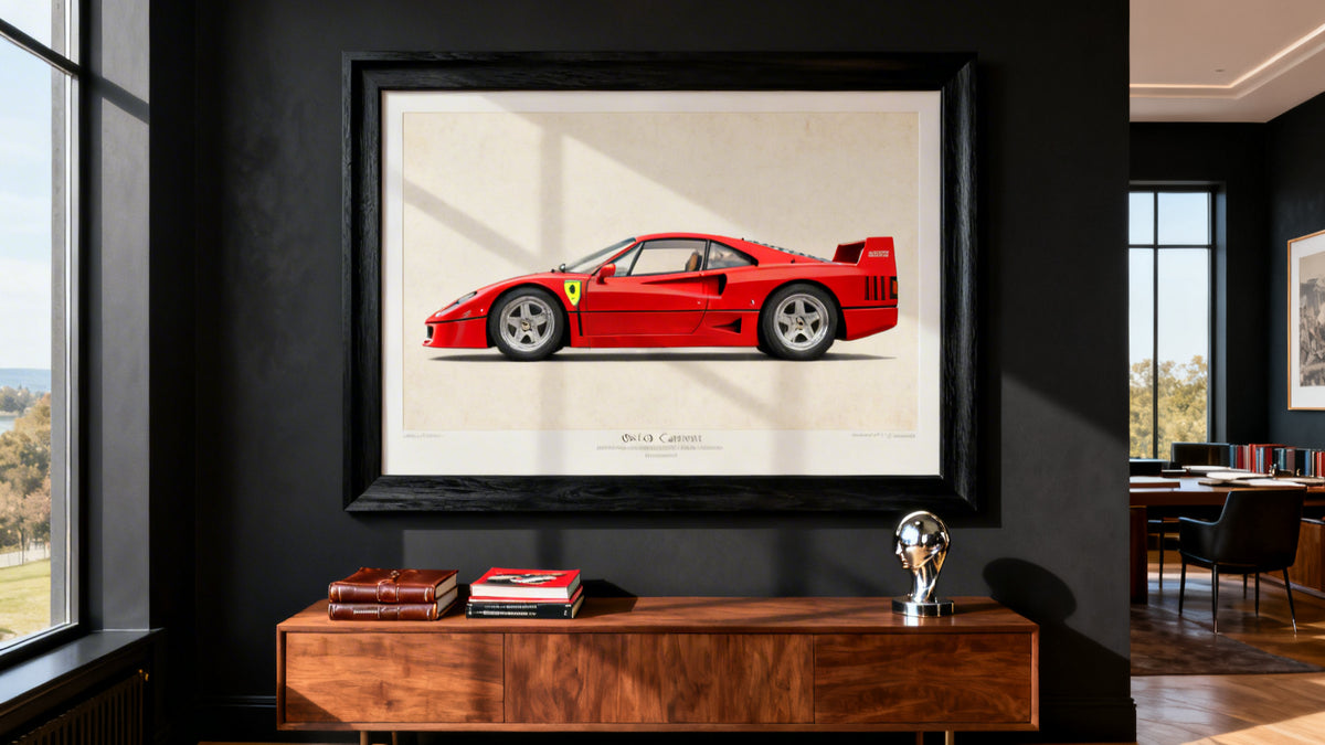 Framed Ferrari poster mockup showcasing stylish decor for automotive enthusiasts.