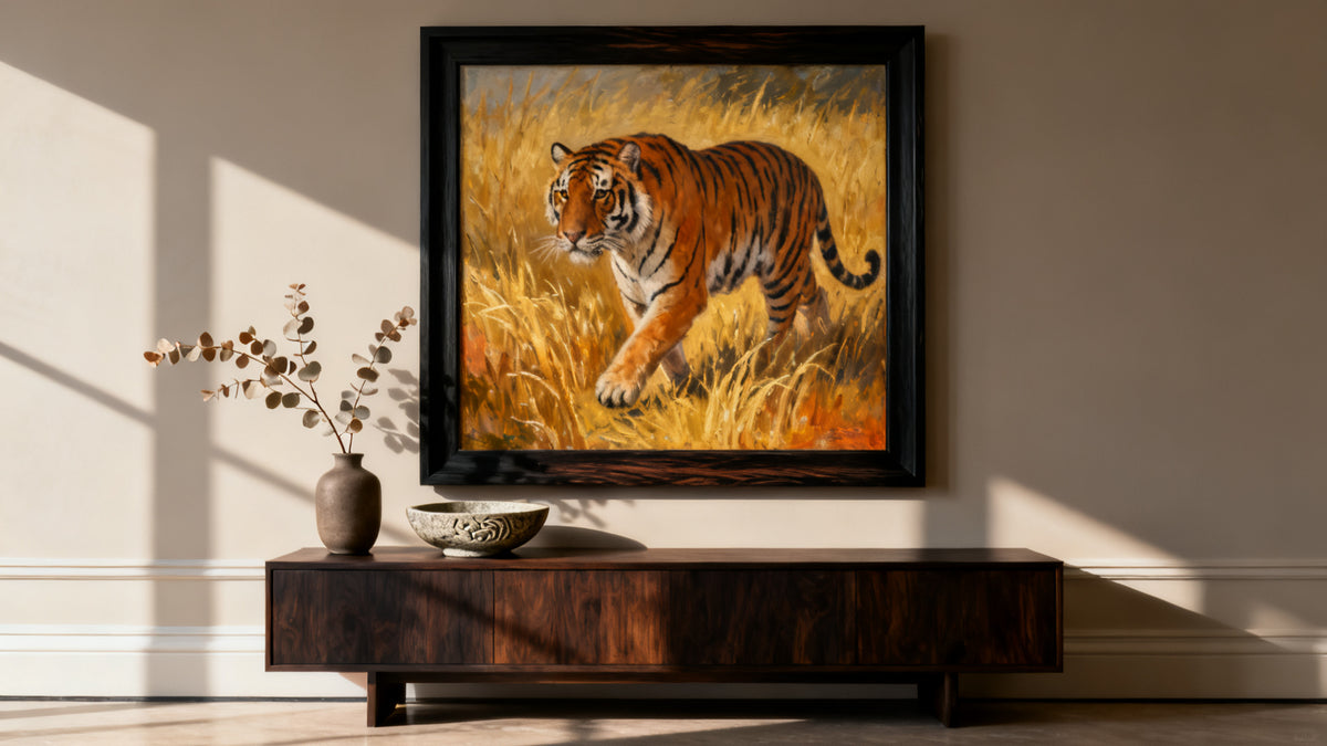 Framed wall art mockup featuring a vibrant tiger, symbolizing power and creativity in artistic expression.