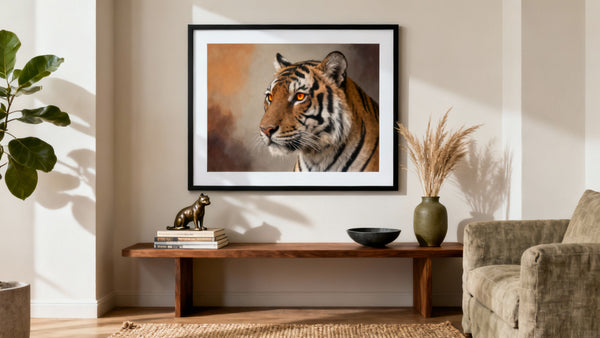 Framed wall art mockup featuring vibrant tiger prints for art lovers and collectors.