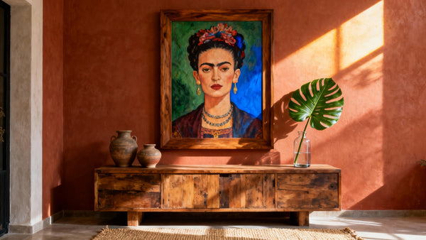 Framed Frida Kahlo print mockup showcasing vibrant Mexican art for stylish home decor.