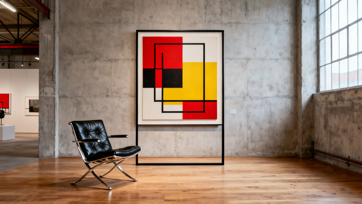 Framed mockup of original Bauhaus artwork showcasing modern design and vibrant colors.
