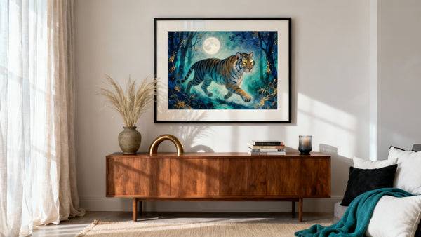Framed fantasy tiger art mockup showcasing majestic and imaginative design. Perfect for vibrant wall decor.