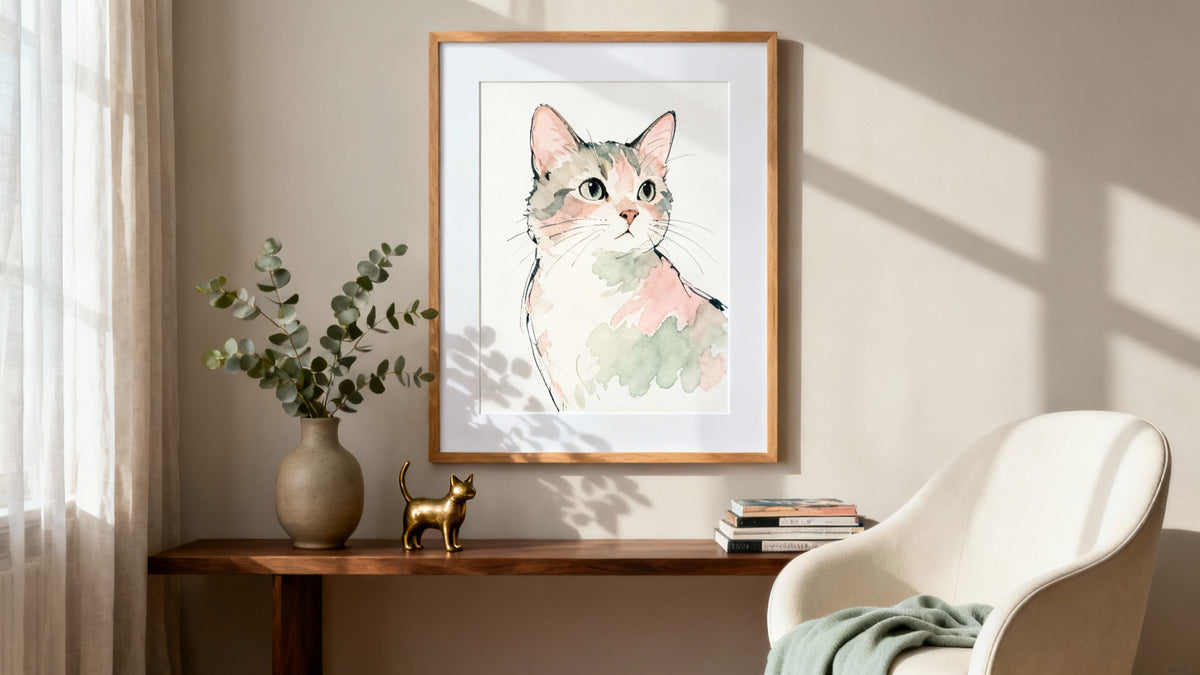 Framed cute cat artwork mockup for cat lovers' home decor inspiration.