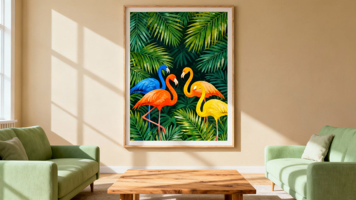 Framed tropical prints mockup showcasing vibrant designs for a paradise-inspired home decor.