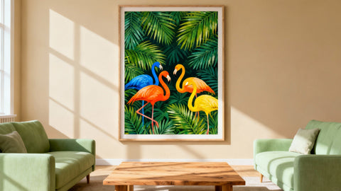 Framed tropical prints mockup showcasing vibrant designs for a paradise-inspired home decor.
