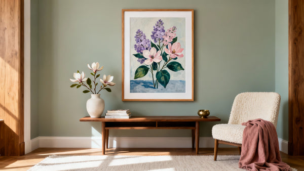 Framed flower art wall mockup showcasing vibrant botanical beauty for home decor inspiration.