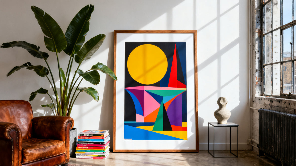 Framed wall art mockup showcasing unique posters for original art prints in the UK.