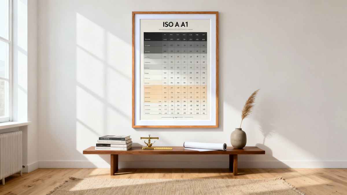 Framed wall art mockup showcasing various poster paper sizes for prints and display options.
