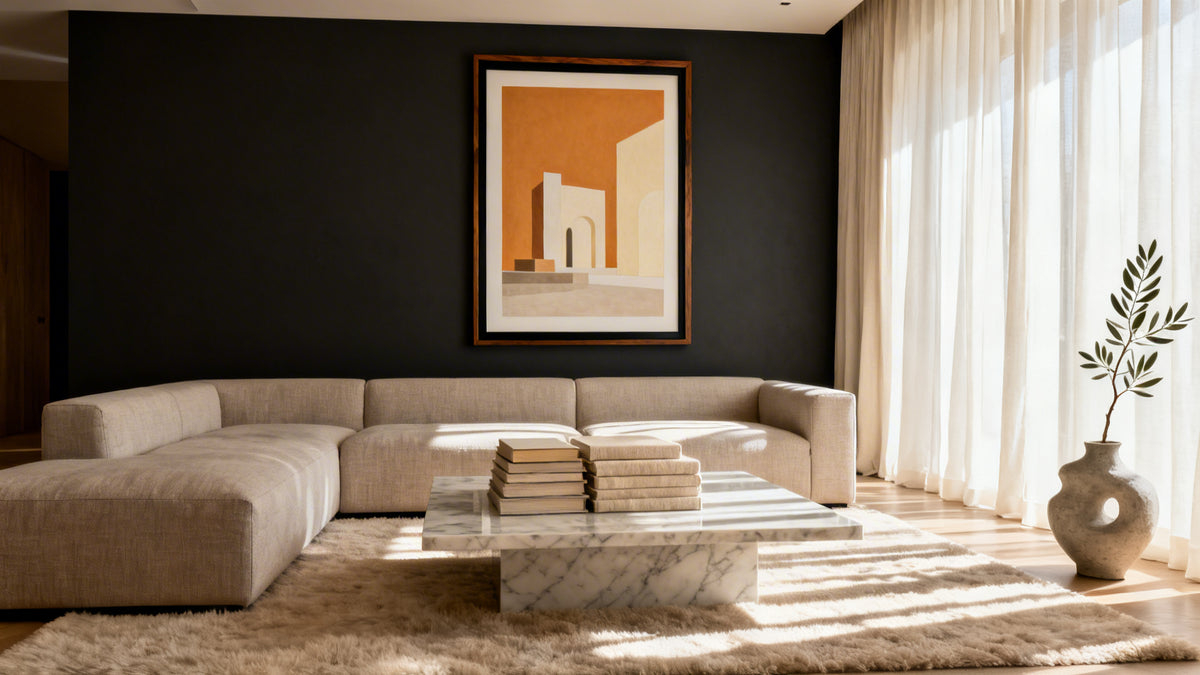 Framed wall art mockup in a stylish living room design, enhancing functionality and beauty.