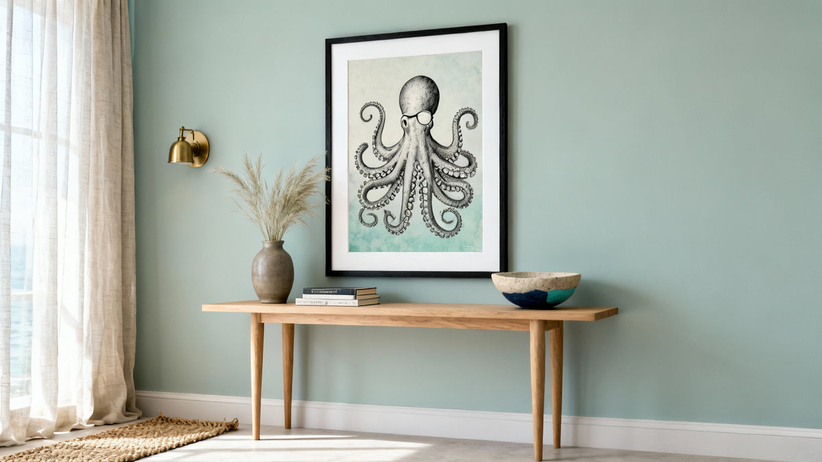 Framed octopus print wall art mockup, perfect for adding unique decor to any room.
