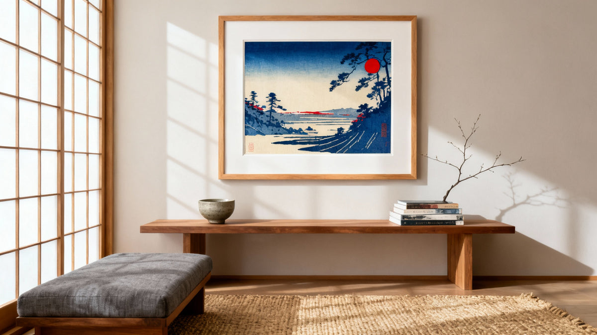 Framed wall art mockup featuring a stunning Japanese woodblock print design.