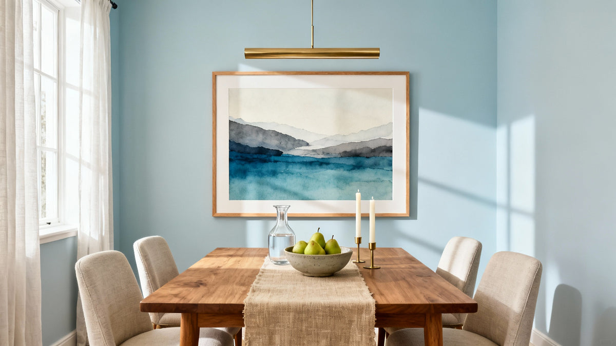 Framed wall art mockup enhancing a dining room, showcasing unique decor ideas for art in dining spaces.