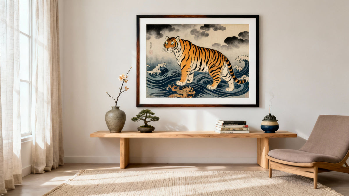 Framed wall art mockup featuring vibrant Ukiyoe tiger design, showcasing traditional Japanese artistry.