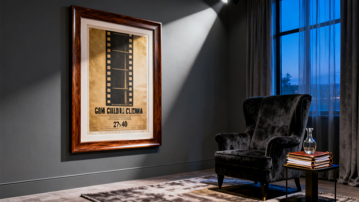 Framed wall art mockup showcasing various movie poster size dimensions for film enthusiasts.