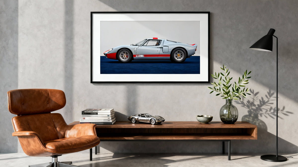 Framed car posters mockup showcasing stylish automotive wall art for enthusiasts.