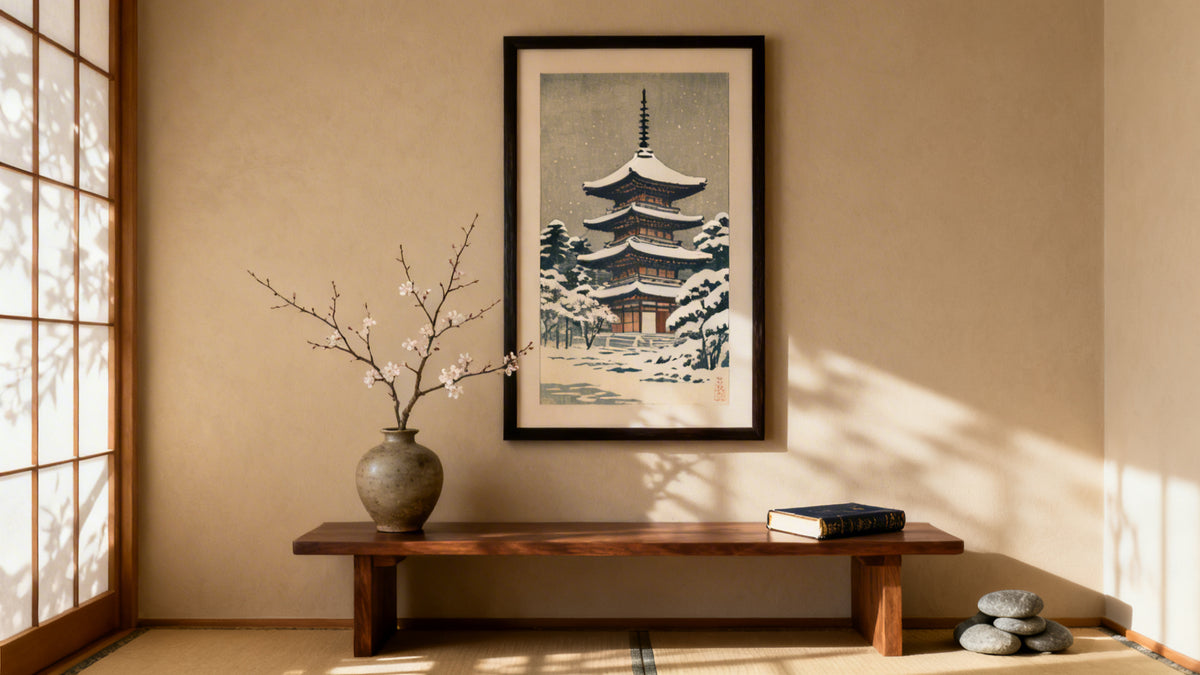 Framed wall art mockup showcasing a beautiful print inspired by Kawase Hasui's iconic landscape designs.
