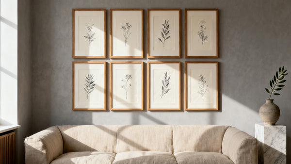 Framed wall art mockup showcasing a stylish set of 6 wall art pieces for elegant home decor.