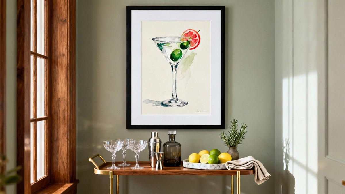 Framed cocktail painting mockup showcasing stylish art for enthusiasts and collectors.