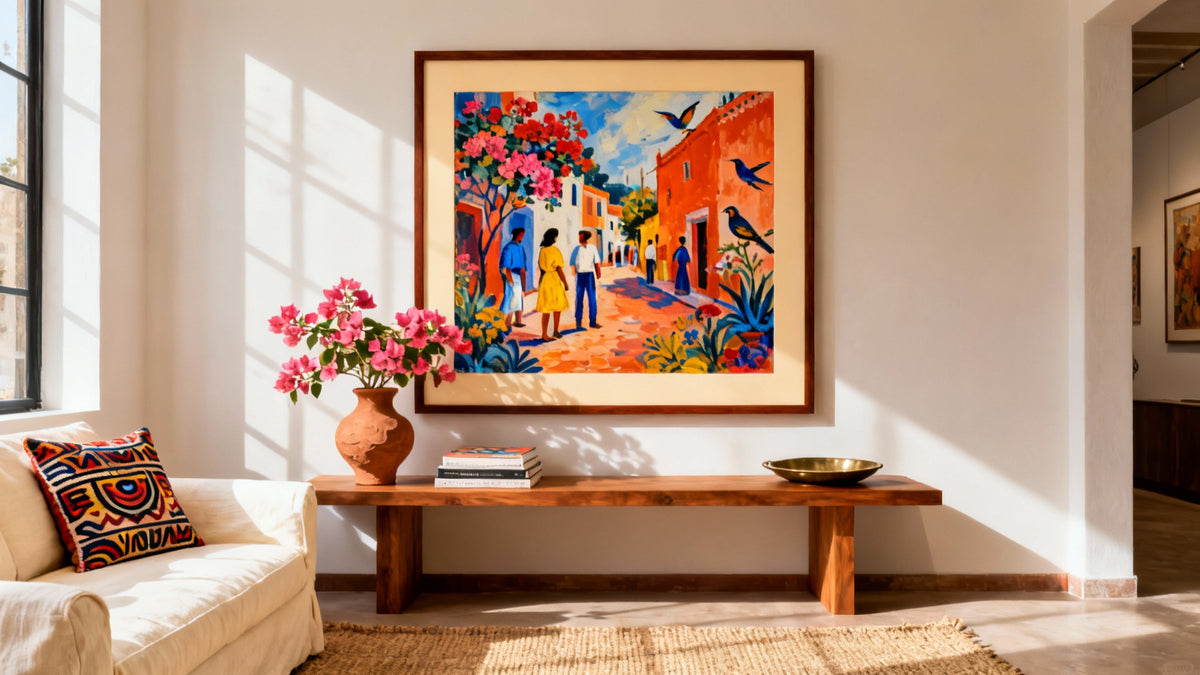 Framed Hispanic paintings showcasing vibrant Latino art and culture in a stylish mockup setting.