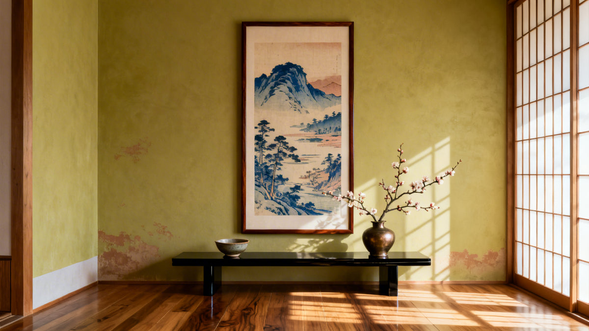 Framed wall art mockup featuring Japanese woodblock prints, showcasing their intricate designs and rich history.