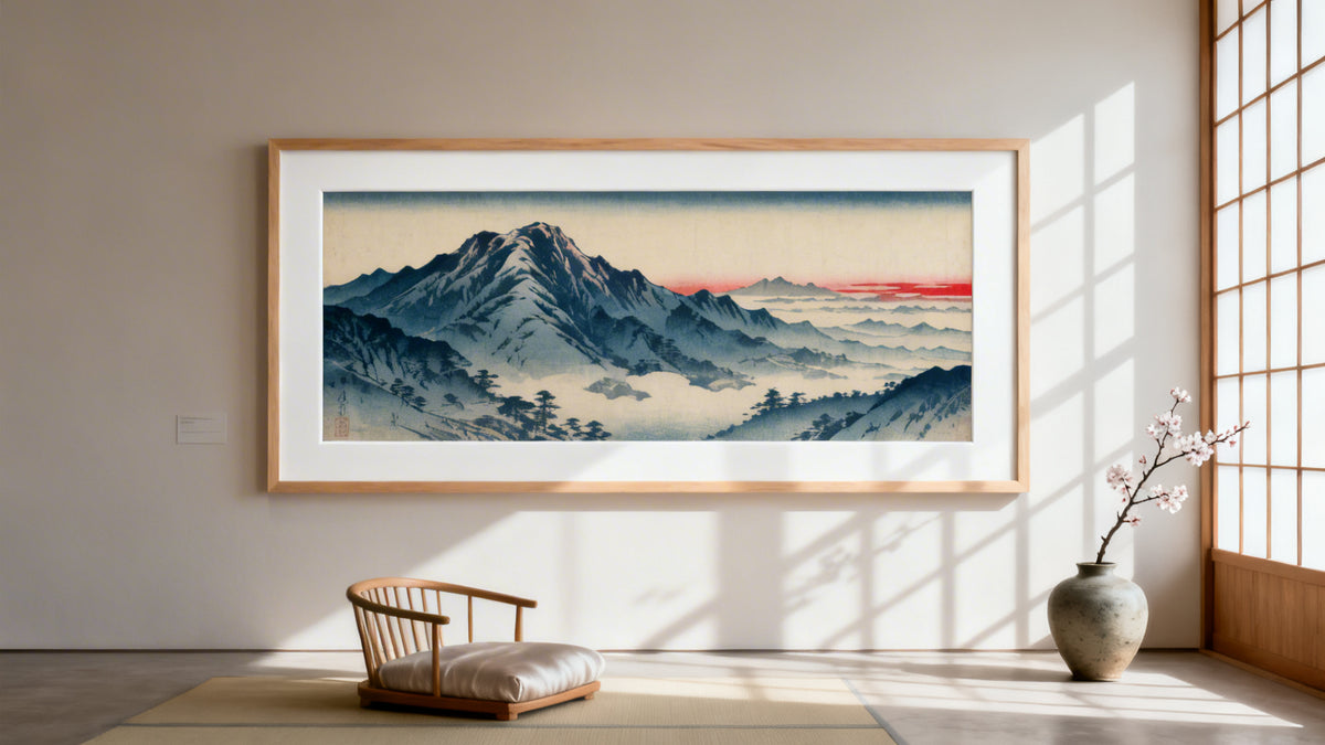 Framed wall art mockup showcasing traditional Japanese perspective drawing techniques.