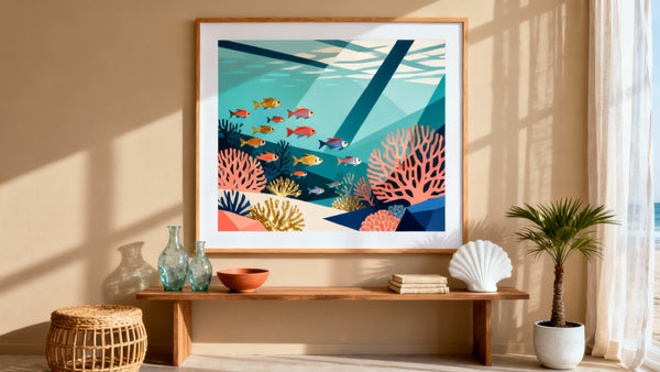 Framed coral reef poster mockup showcasing vibrant marine beauty for stylish home decor.