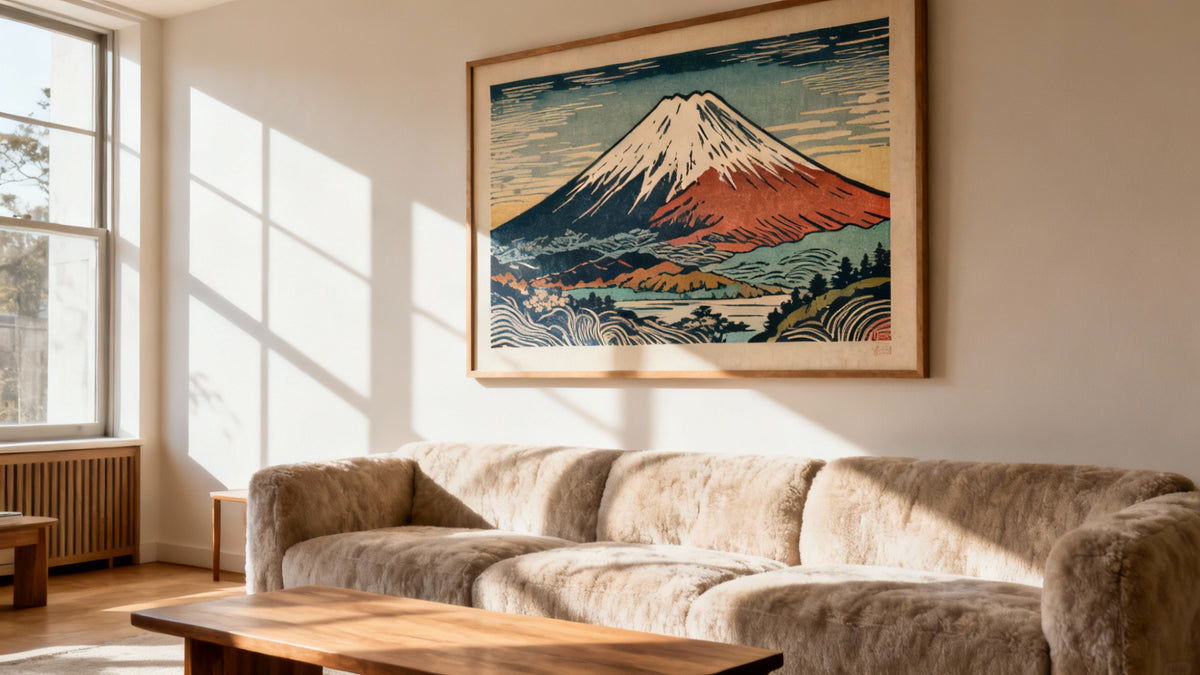 Framed mockup of woodblock print art showcasing intricate craftsmanship and timeless appeal.