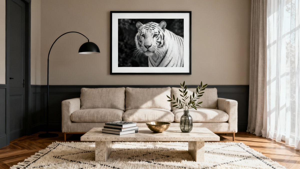 Framed black and white tiger wall art mockup enhancing modern interior decor.