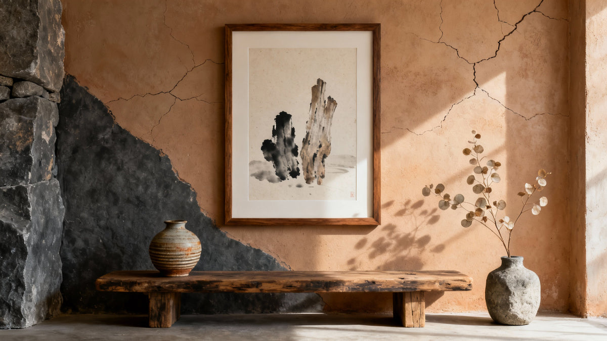 Framed wall art mockup showcasing wabi sabi in art, celebrating the beauty of imperfection and unique visual expression.