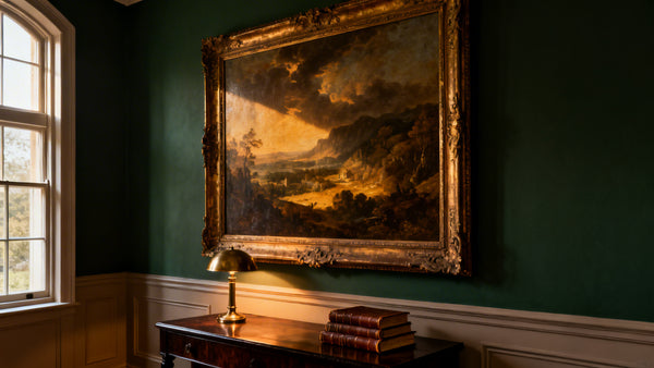 Framed wall art mockup showcasing traditional artwork styles and techniques for classic home decor.