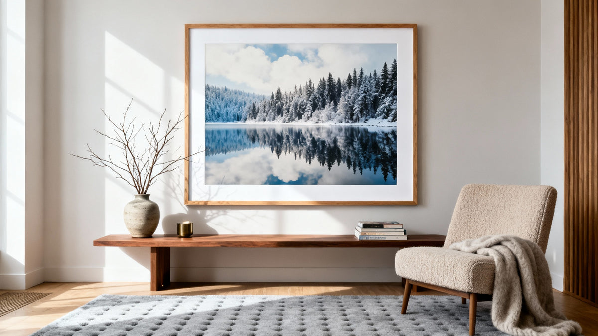 Framed winter scene poster mockup showcasing a serene snowy landscape art piece.