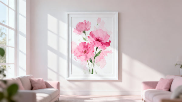 Framed wall art mockup featuring vibrant pink flowers for wall decor, perfect for brightening any room.
