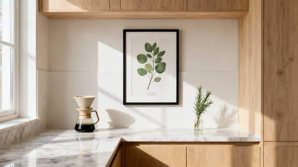 Framed wall art mockup showcasing small kitchen wall art ideas for stylish compact spaces.