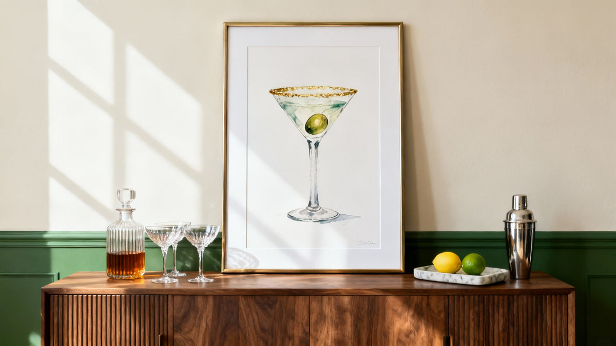 Framed cocktail artwork mockup enhancing interior decor with vibrant colors and unique design.