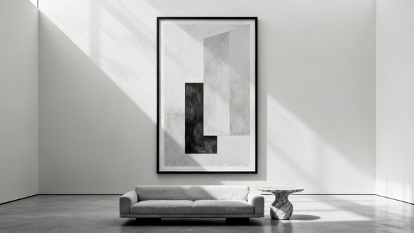 Framed oversized wall art mockup in a modern living room, showcasing large-scale decor for stylish interiors.
