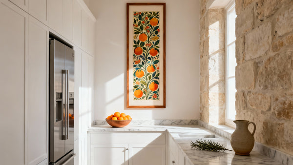 Framed wall art mockup showcasing vertical kitchen wall decor for narrow spaces.
