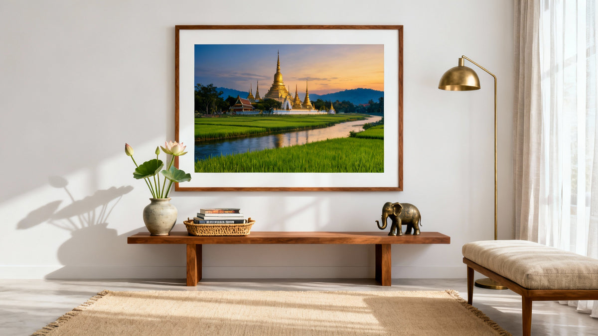 Framed Thai landscape painting mockup showcasing Thailand's vibrant artistic beauty.