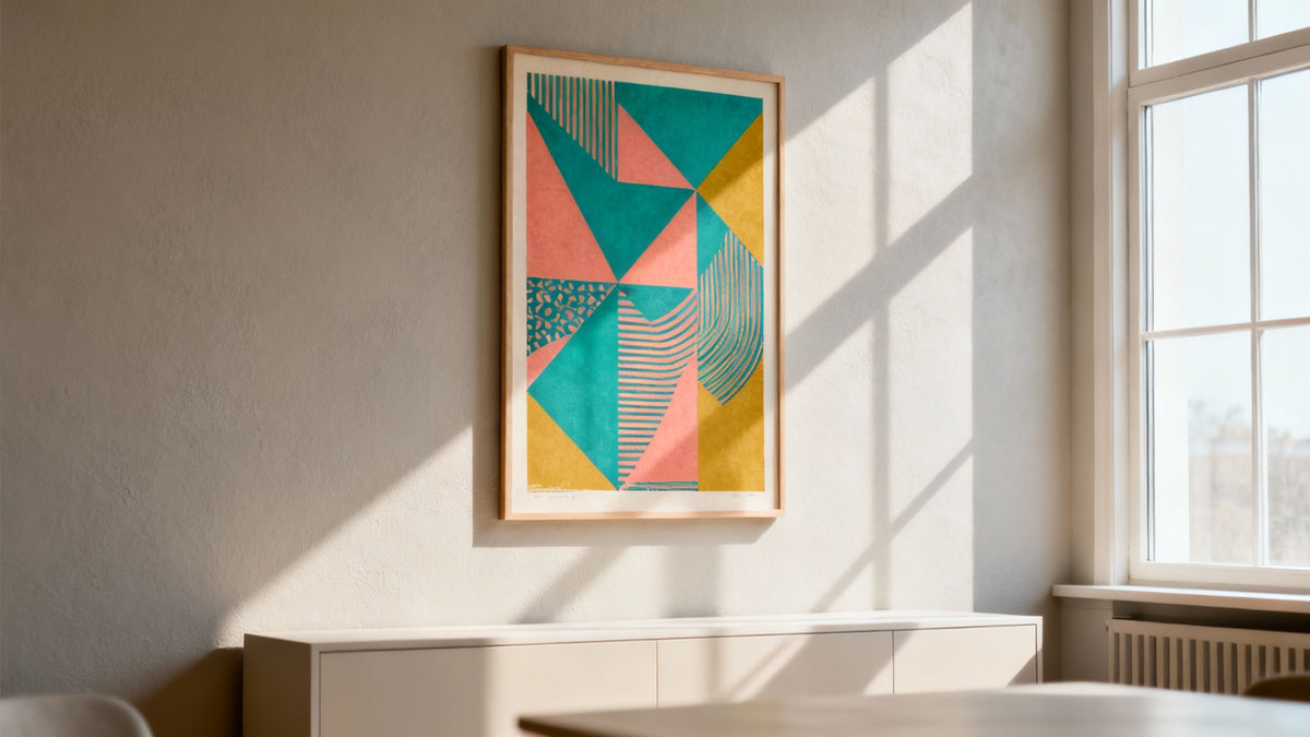Framed wall art mockup showcasing vibrant printmaking techniques by talented print artists.
