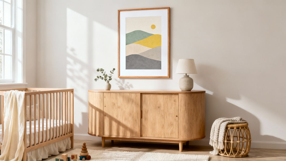 Framed neutral nursery wall art mockup showcasing stylish designs for a serene baby room decor.