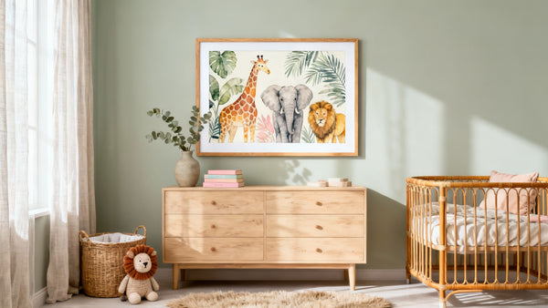 Framed jungle nursery wall art mockup featuring vibrant safari designs for a baby's room transformation.