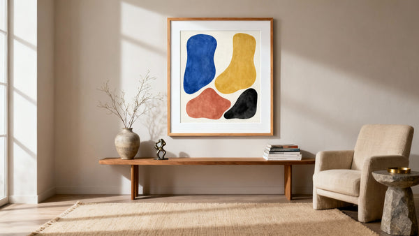 Framed abstract wall art mockup showcasing vibrant colors to enhance home decor and style.
