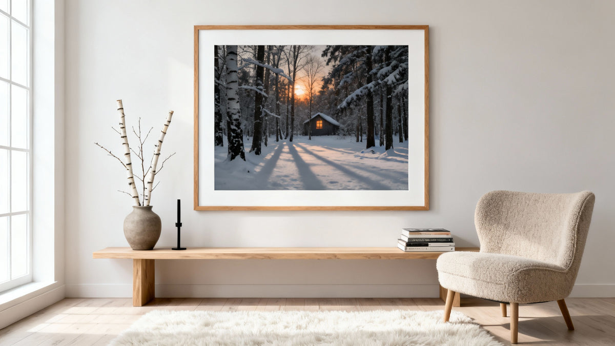 Framed winter scene artwork mockup showcasing serene snow-covered landscape and cozy cabin.