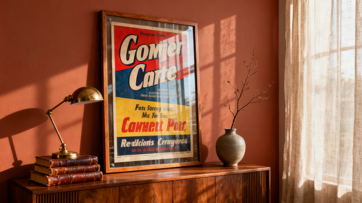 Framed wall art mockup featuring vintage advertising designs, showcasing the charm of retro marketing styles.